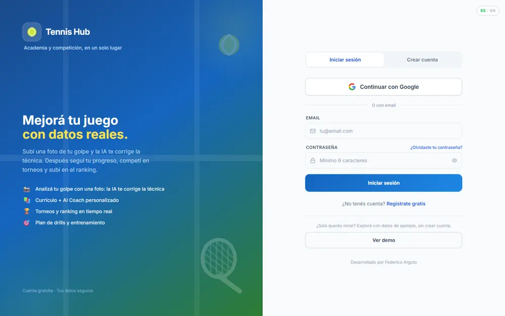 Screenshot of project Tennis Hub